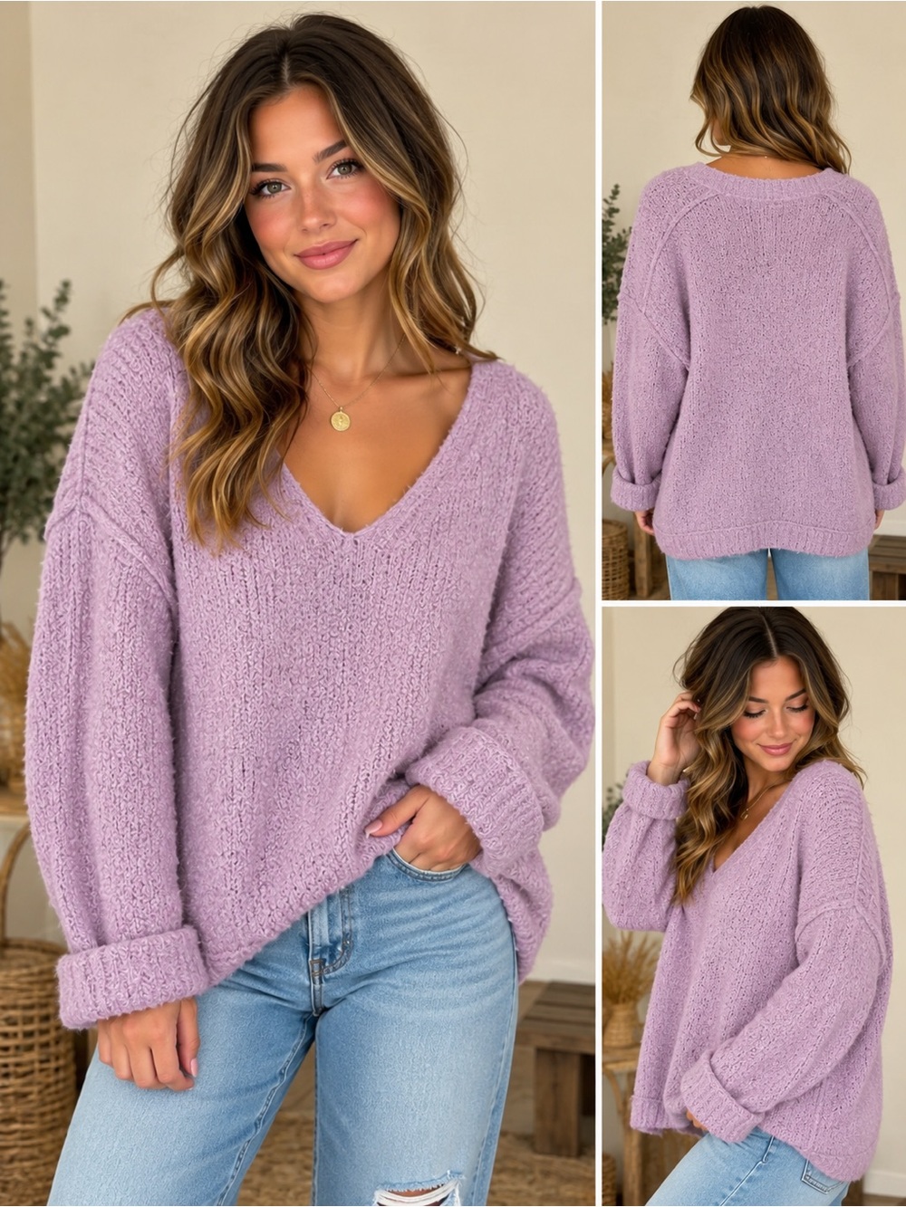 Free People Lofty V Neck Sweater Lavender Purple Oversized Slouchy Cozy Medium